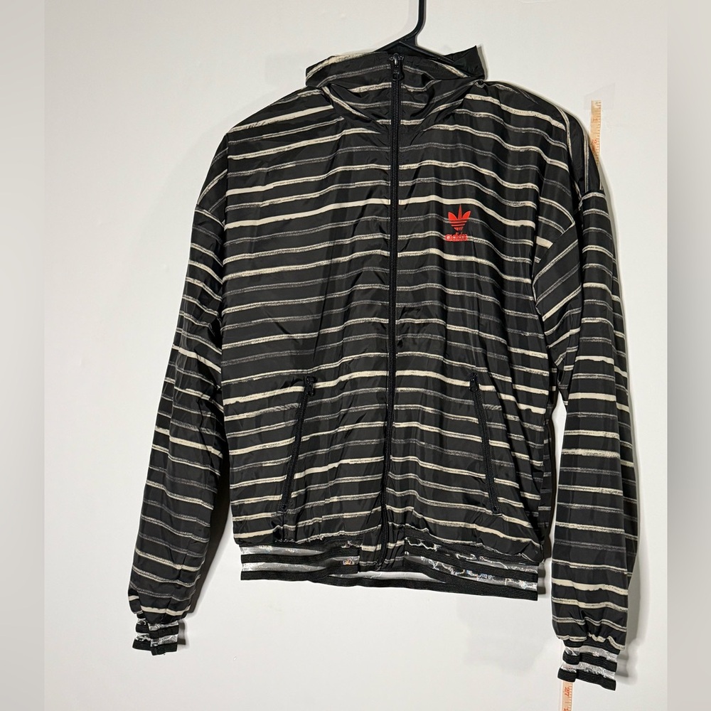 Adidas Black and White Striped Jacket with Red Logo